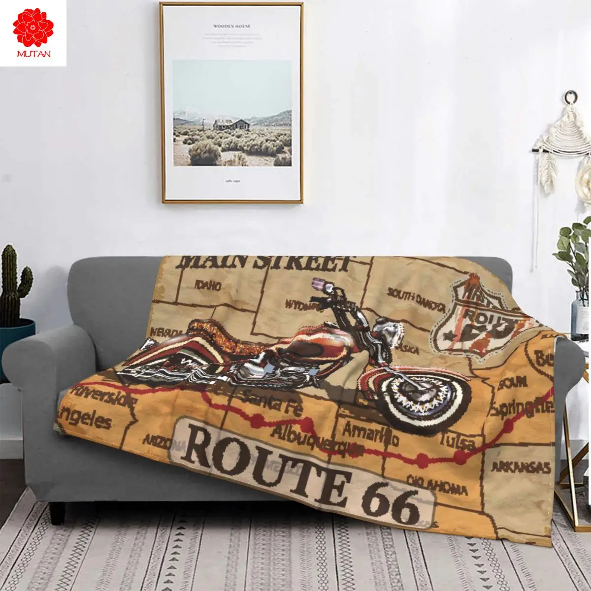 

Retro Route 66 Motorcycle Blanket Flannel Printed Cool Style Portable Warm Throw Blankets for Bedding Outdoor Bedding Throws