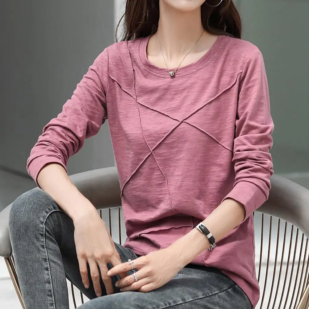 

2021 New Fashion Cotton T-shirt Autumn Women Color Loose Long Ladies Purple Sleeve O-neck Tshirt Simple Green Top O6e5