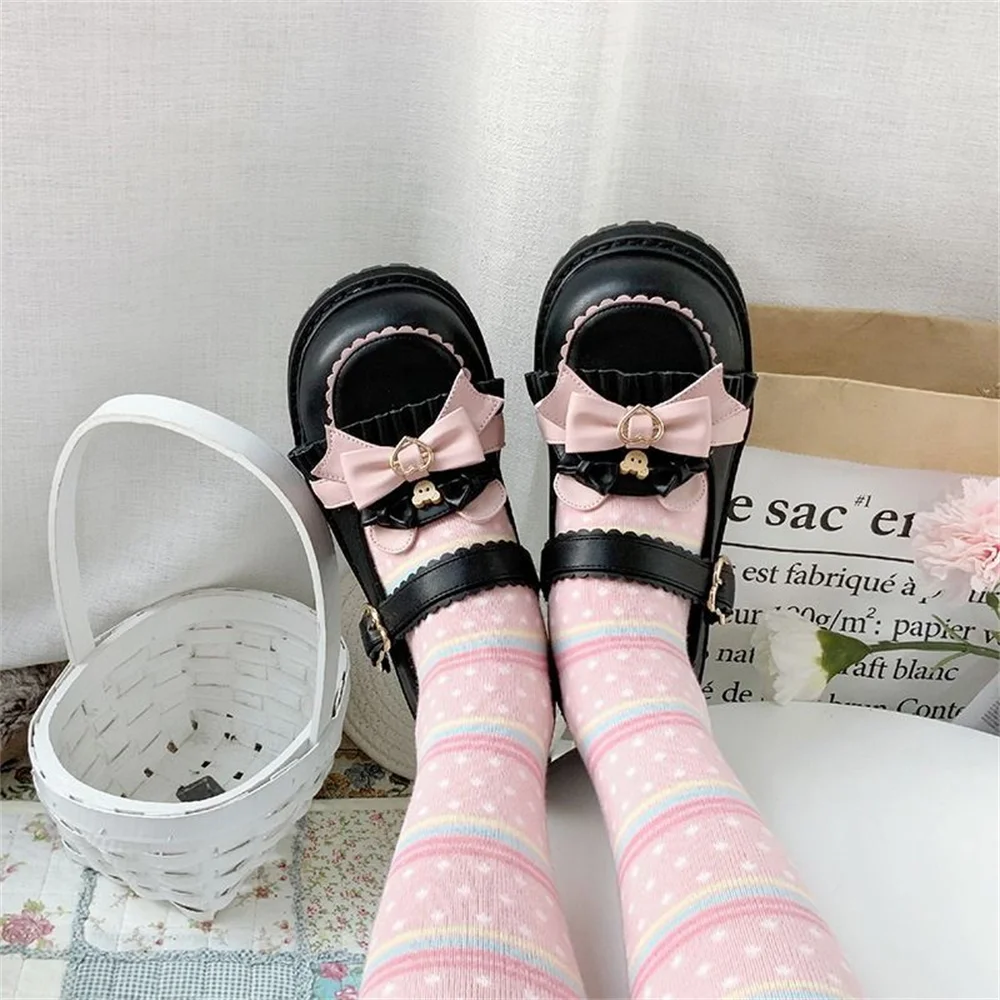 Kawaii Bowknot Bear Lolita Shoes Japanese JK Uniform Shoes Retro British College Style Female Student Lovely Round Toe Shoes