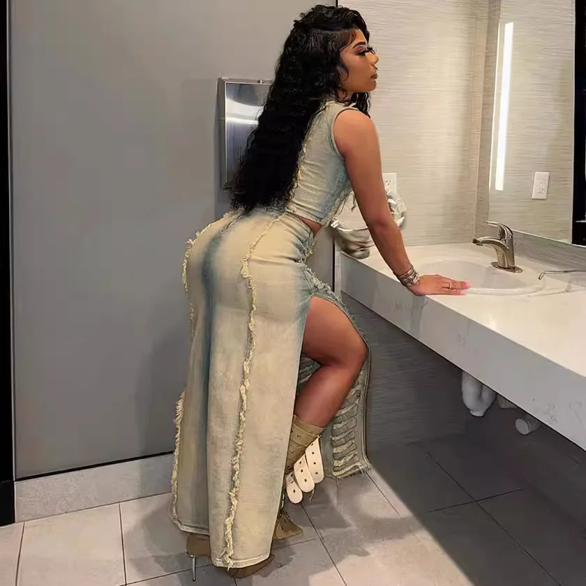 Женский джинсовый комплект юбка макси с высокой талией и разрезом