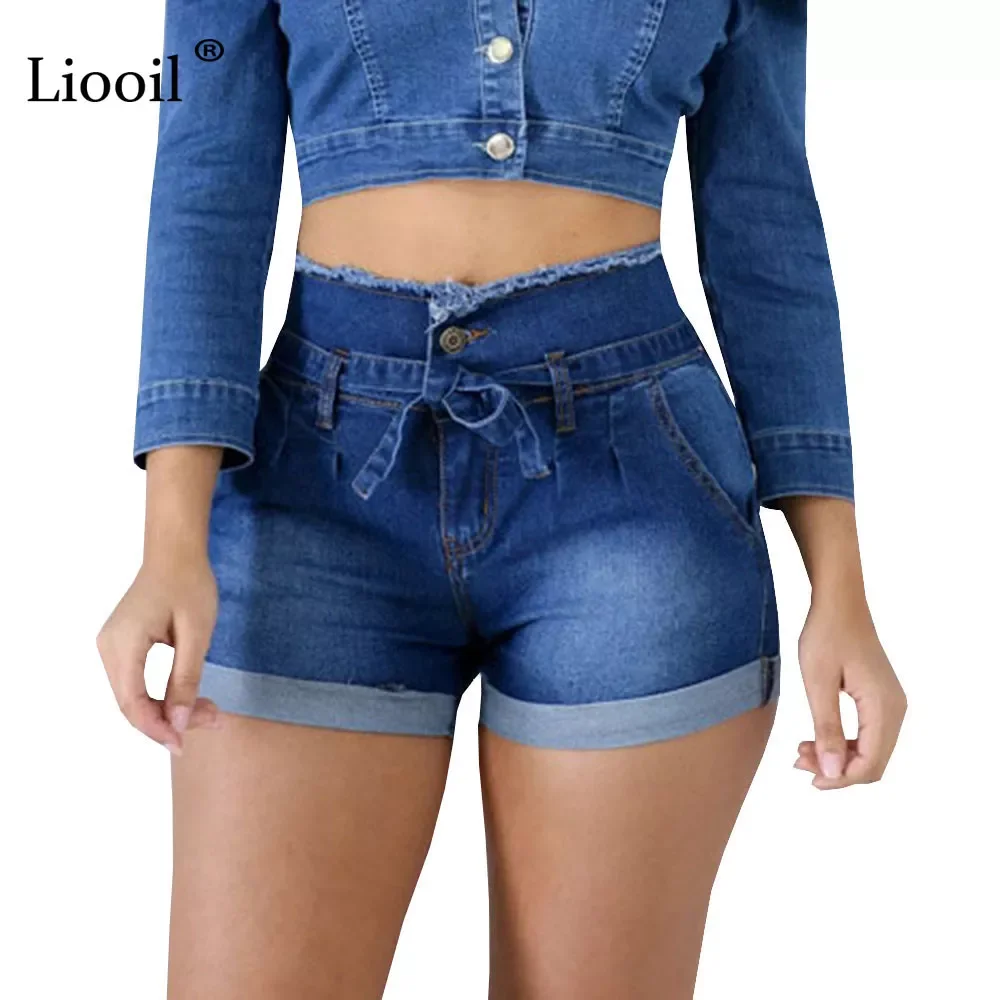 

Liooil Casual Blue Denim High Waist Shorts Women Clothes 2022 Streetwear Cotton Lace-Up Sexy Slim Rave Jean Shorts With Pockets