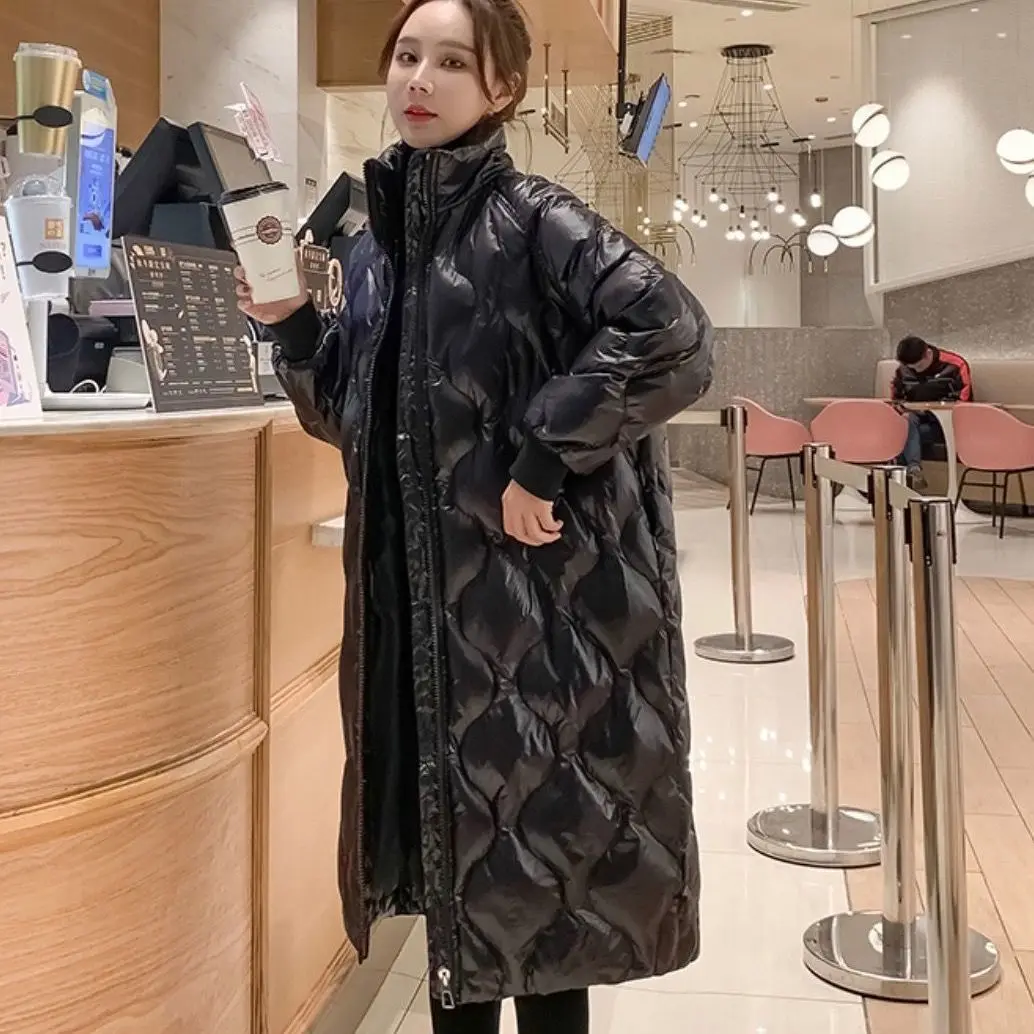 2022 New Long Straight Winter Coat Women Bright Parka Female Korean Warm Thick Loose Cotton Coat Elegant Turn Down Collar Jacket