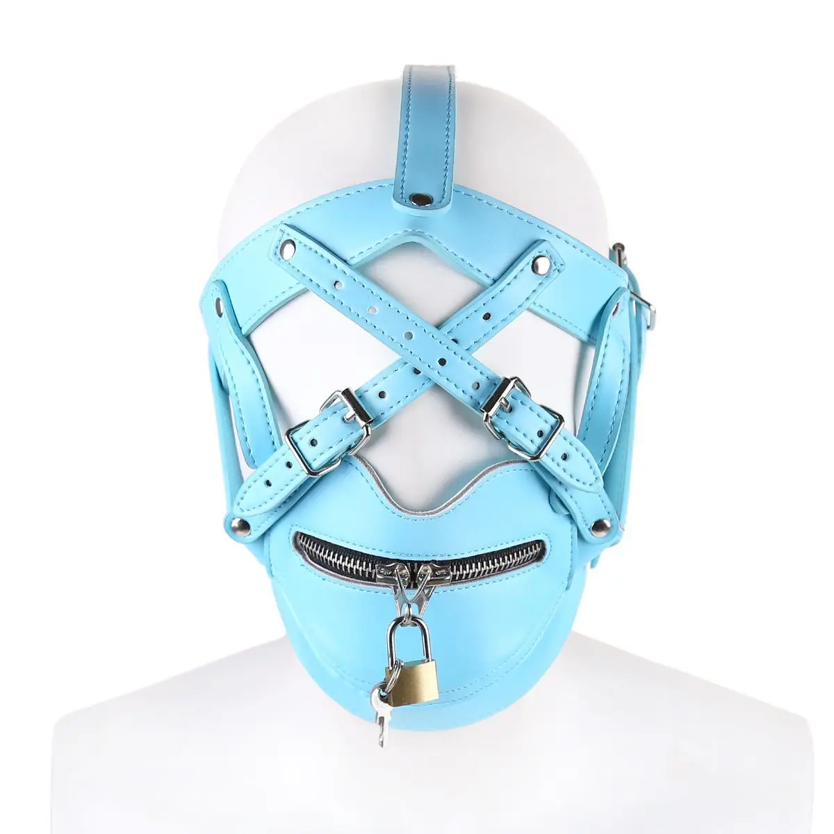 

PU Leather Hollow Out Bondage Head Hood Zipper Face Masks Cosplay Party Sexy Head Mask For Men With Lock