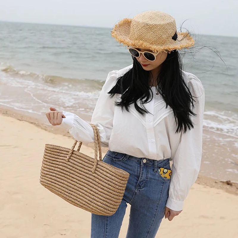 Large Size Girls Casual Tote Bag Fashion Summer Holiday Straw Beach Handbags Trendy Shoulder Sea Bag For Female