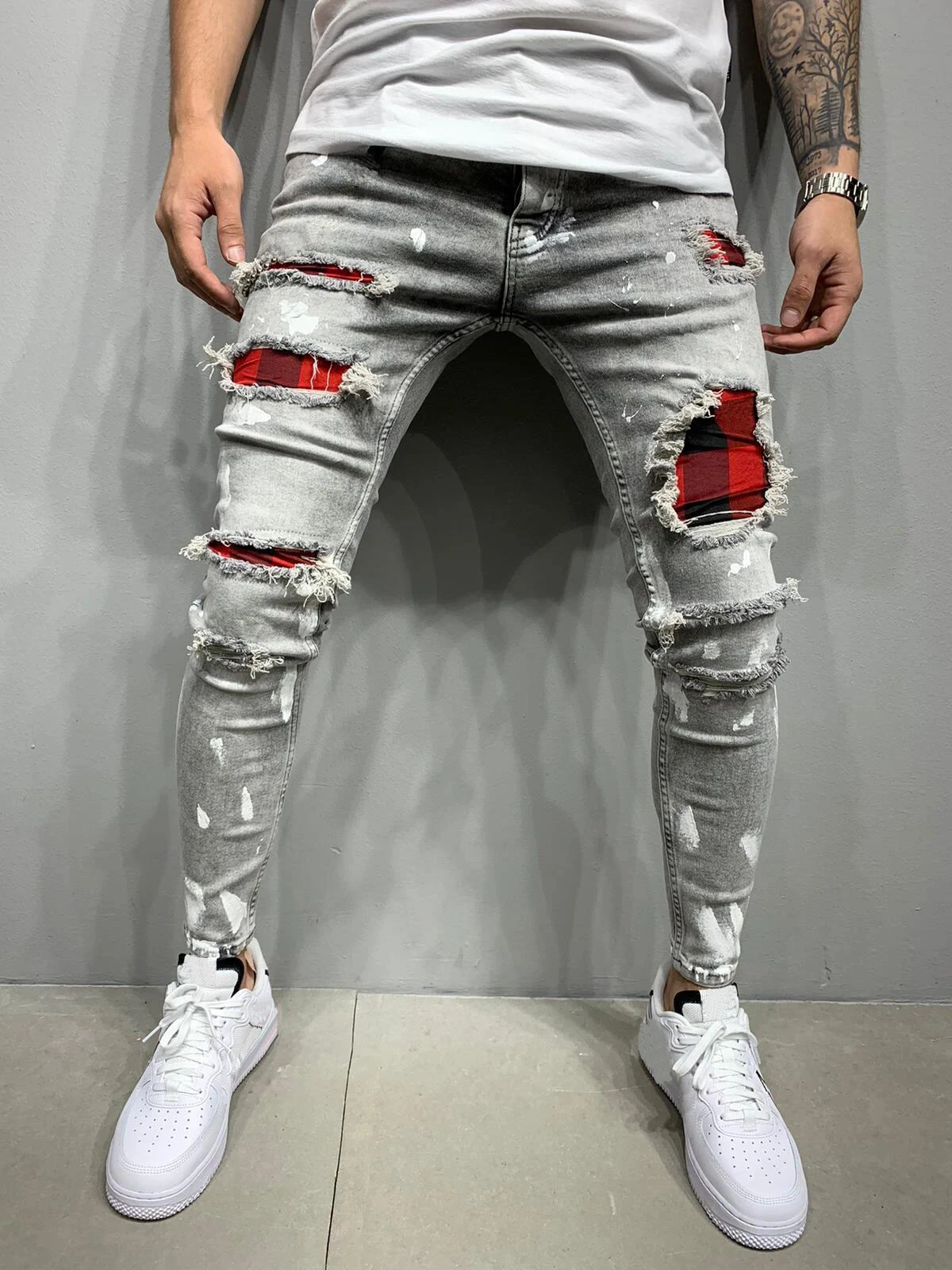Mens Stretch Ripped Jeans Streetwear Casual Slim Fit Jeans for Men Jogging jean Skinny Grey Blue Black Hip Hop Denim Trousers