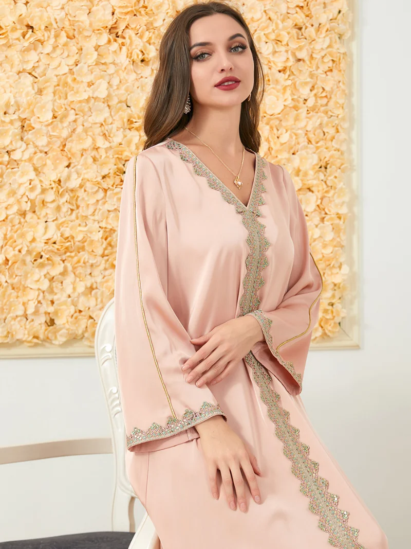Abayas For Women V-Neck Long Sleeve Lace Embroidery A-Line Dress Muslim Fashion Dubai Abaya Long Dresses Women Autumn 2022