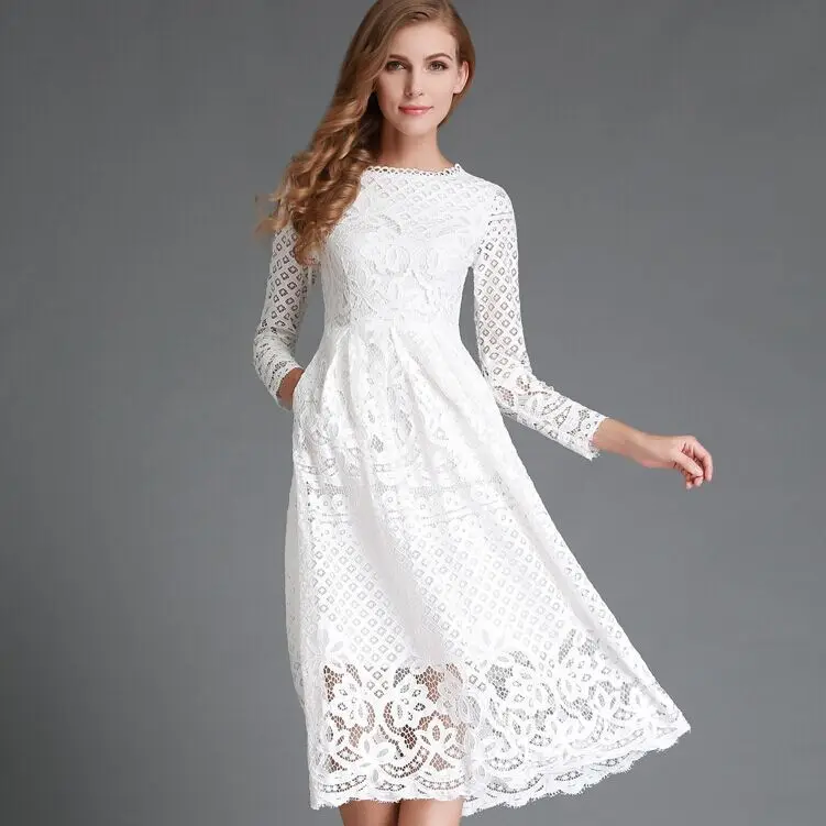 

Vintage Solid Color Dresses for Women 2022 Summer Elegant Lace Chiffon Party Dress Long Sleeve O-Neck Midi Dress Fall Dresses