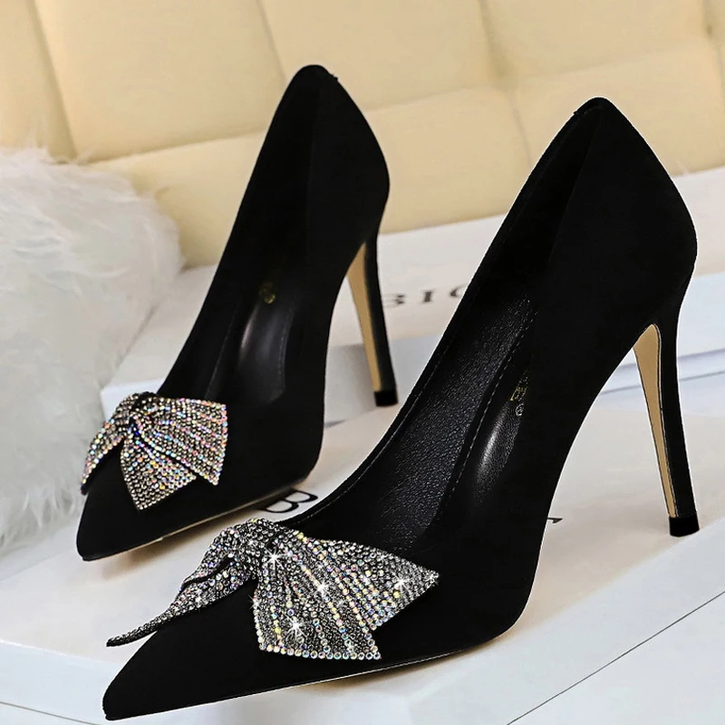 

New Shoes Bowknot Woman Pumps Rhinestone Women Heels Suede Women Shoes Sexy Party Shoes High Heels Female Shoes Black Heels