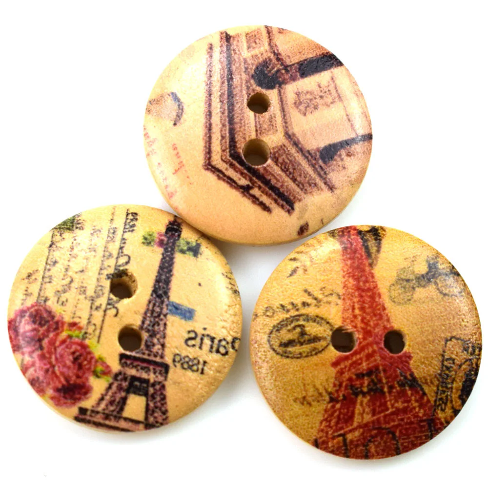 

50PCS 20MM Eiffel Tower Flower Painted 2 Holes Wooden Round Buttons Sewing DIY Craft Scrapbooking Embellishments for Clothing