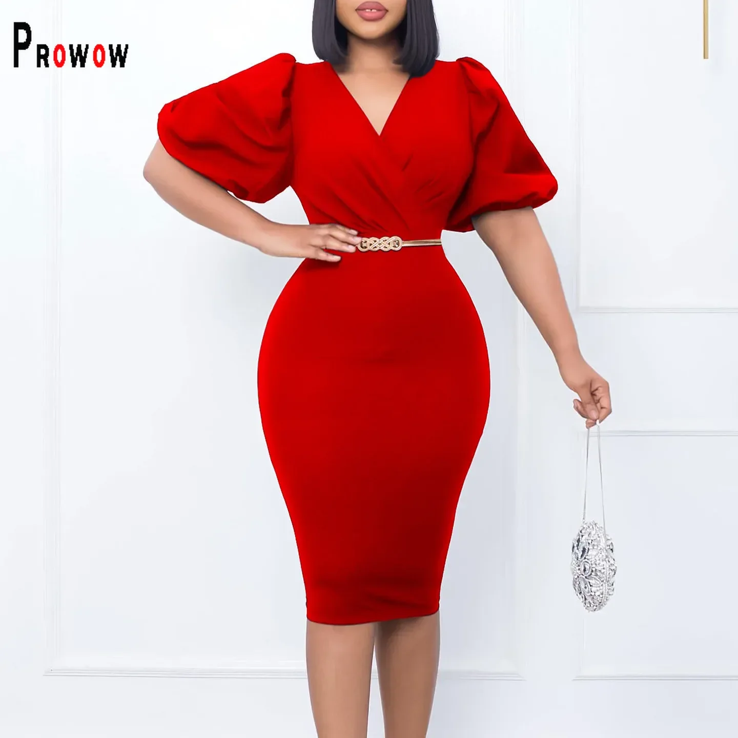 Prowow элегантное офисное женское платье миди пышное с короткими рукавами и
