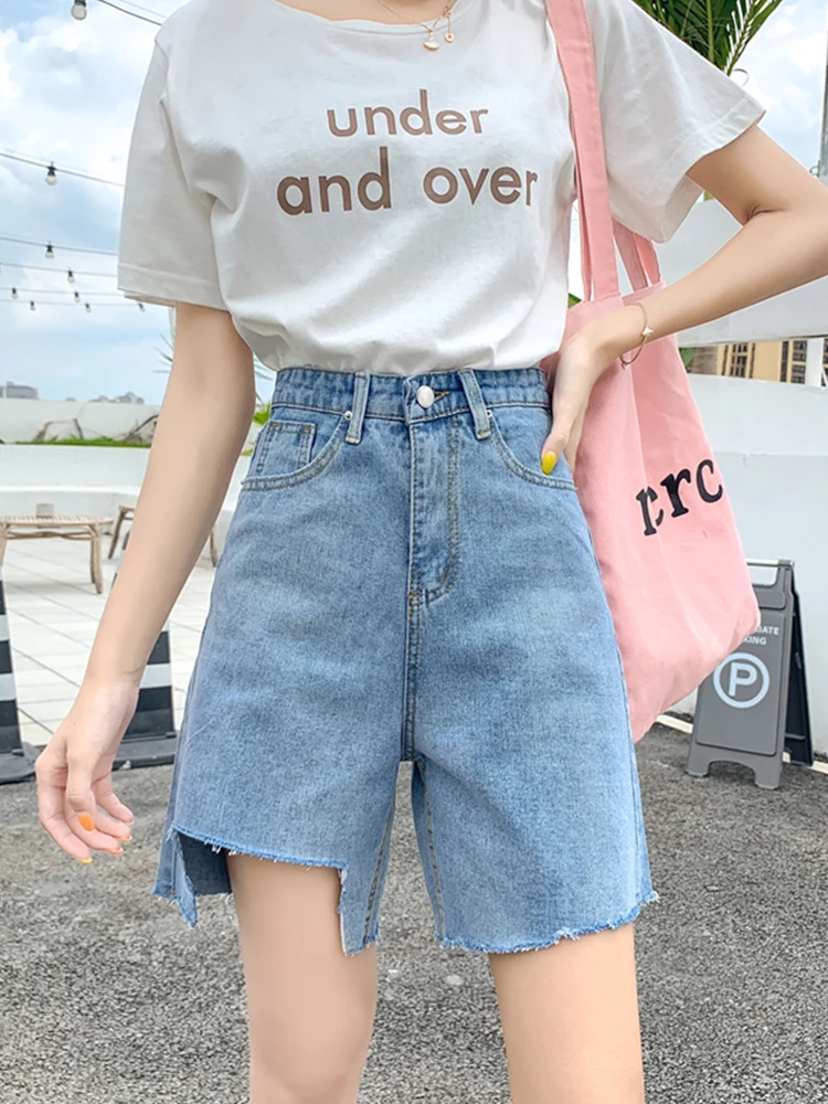 Summer Women Wide Leg Hole Frayed Blue Denim Shorts Streetwear Female High Waist Loose Button Jeans Shorts Bottoms