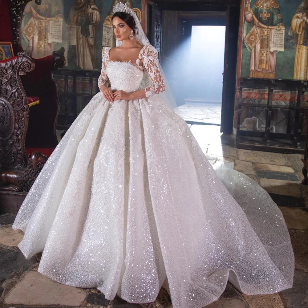 Купи Stunning Sparkly Wedding Dresses Princess Ball Gown Puff 3/4 Sleeves Lace Dubai Bridal Gowns Square Neck Pearls Robe De Mariee за 9,260 рублей в магазине AliExpress