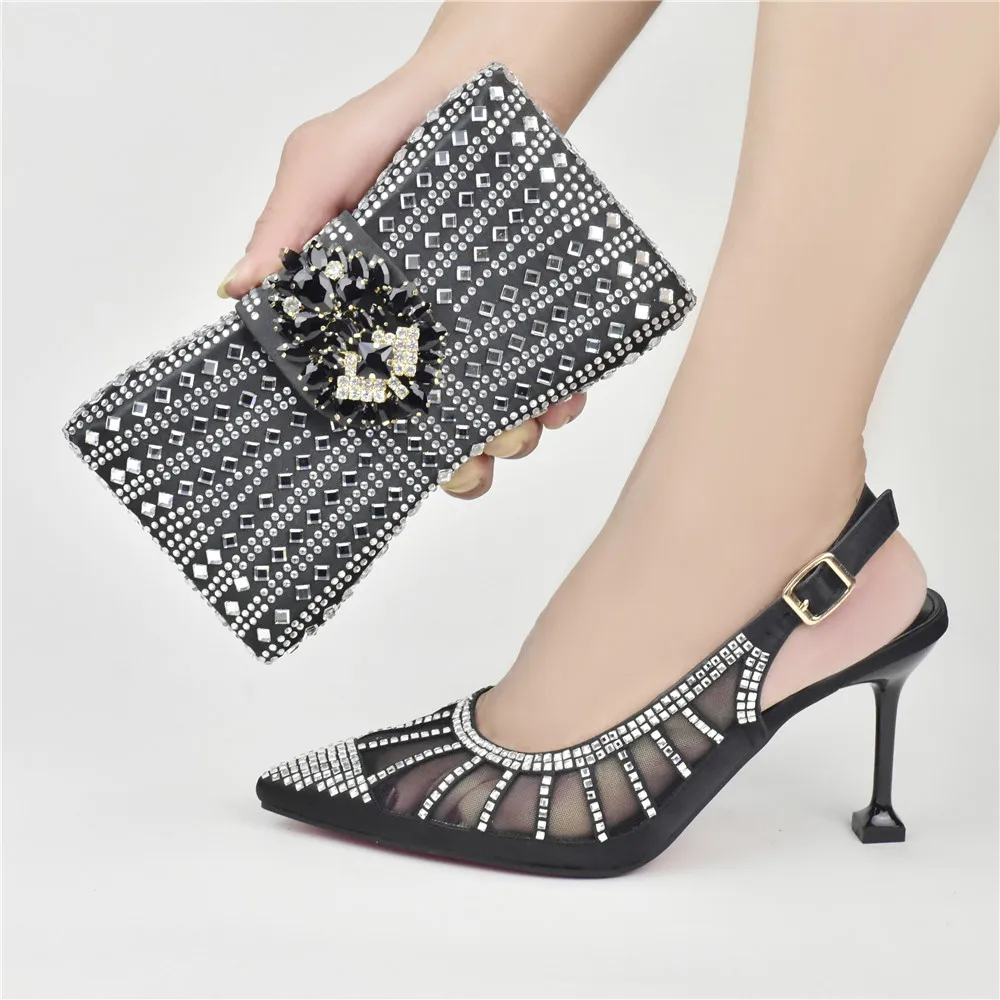 

Sandals Mature 2022 Newest Fashion Sweet Style Noble Black Color Party Wedding Ladies Shoes and Bag Set full of Crystal