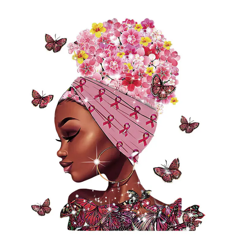 

Flower Butterfly Headscarf Black Girl Iron-On Transfers for Clothing Thermo Adhesive Patches Diy Princess Fashion Lady Stickers