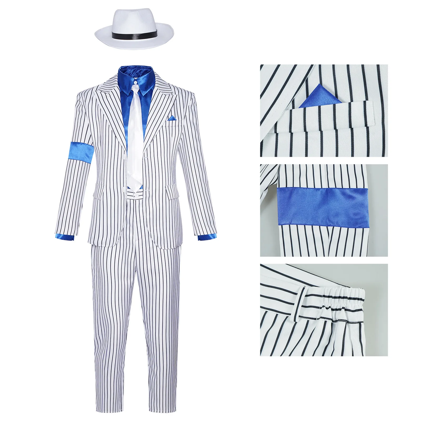 Фото Модный костюм для косплея Майкла Джексона MJ BAD Smooth Criminal, белый костюм с полосками, брюки, шляпа, унисекс, наряд для Хэллоуина и карнавала. №5