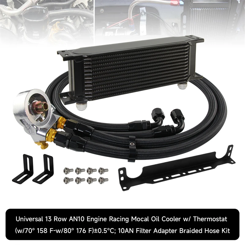 

Масляный радиатор двигателя 13 рядов + термостат 80 градусов, комплект адаптеров масляного фильтра серебристый/черный