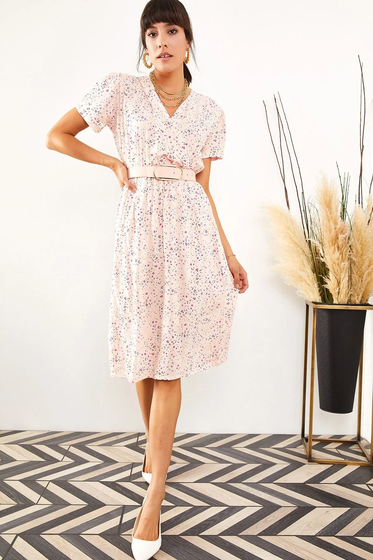 

Women's Dress Powder Collar Detailed Waist Elastic Summer Fashion Casual Short Sleeve Elegant Dress Dress