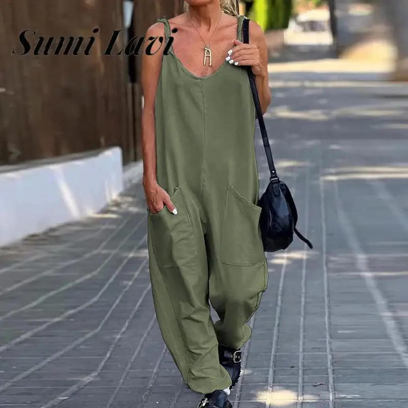 

Women Summer Sling Vacation Beach Playsuit Casual Lady Solid Color Loose Jumpsuit Solid Color Pocket Pencil Pants Romper Overall