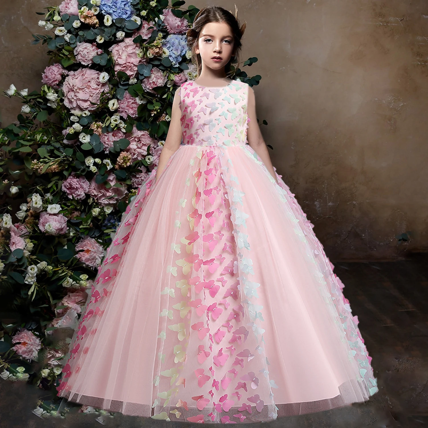 

2022 Pluffy Lace Kids Bridesmaid Dress For Girls Children Costume Colorful Butterfly Party Princess Dresses Girl Birthday Gown