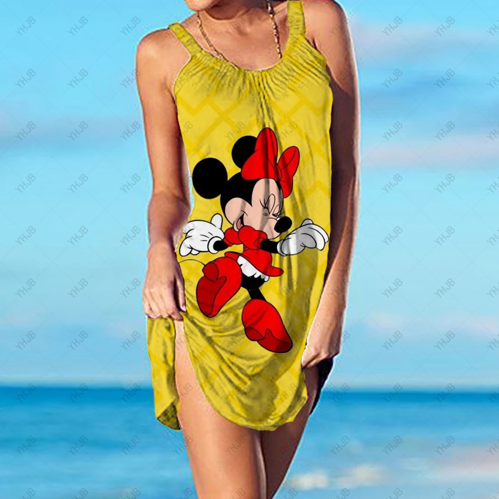 

Disney Minnie Mickey Mouse Women Dress Vintage Woman Beach Dress Sling Midi Sleeveless Dresses Boho Brand Streetwear Night Dress