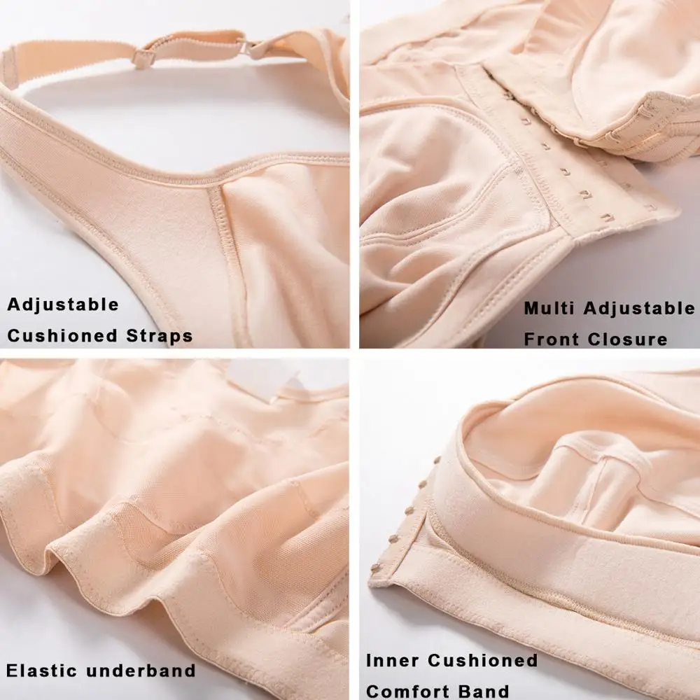 Women's Wirefree Full Figure Cotton Posture Front Closure Bra Plus Size Back Support Non-padded