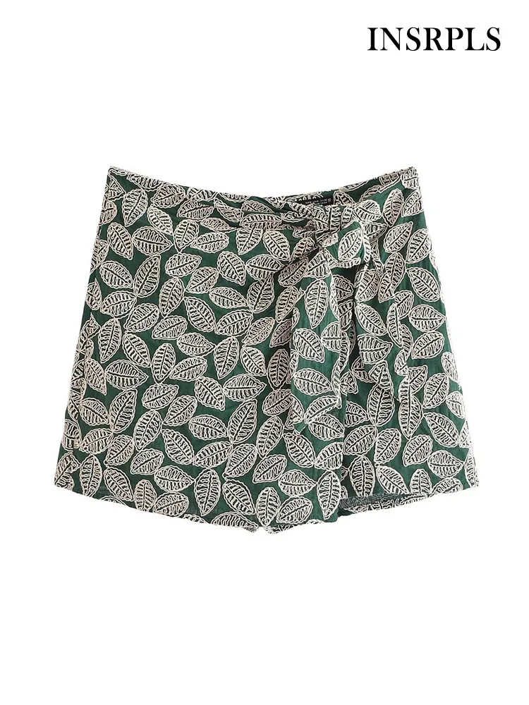 

INSRPLS Women Fashion Front Knot Embroidery Shorts Skirts Vintage High Waist Back Zipper Female Skort Mujer