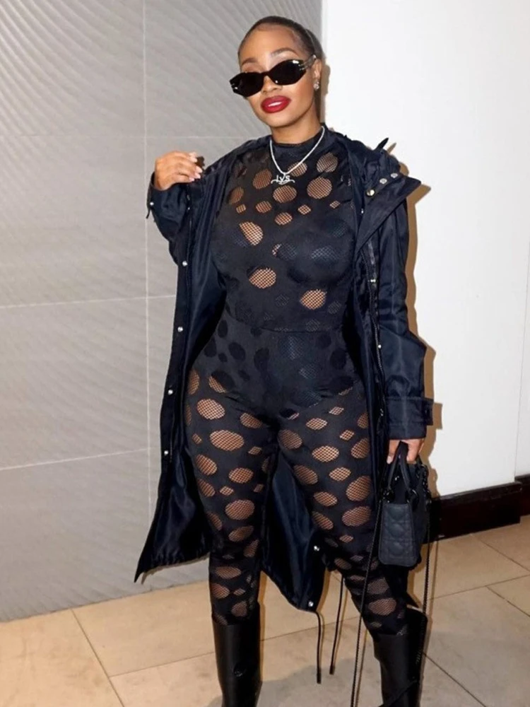 

HAOYUAN Sexy Black Hollow Out Mesh See Thorugh Two Piece Set Long Sleeve Top and Pants Club Outfits for Women Matching Sets