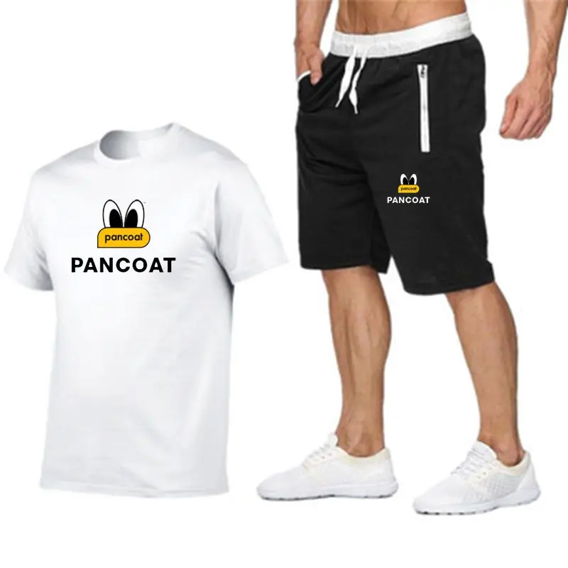 PANCOAT Brand Men T-shirt+Beach Shorts Sets Two Piece Summer Jogging Pants T-shirt Sportswear streetwear Harajuku Tops Tshirt