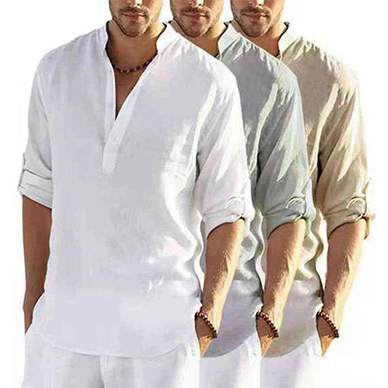2022 New Men's Casual Blouse Spring Autumn Cotton Linen V Neck Long Sleeve Button Tee Shirt Fashion Handsome Male Loose T Shirts |