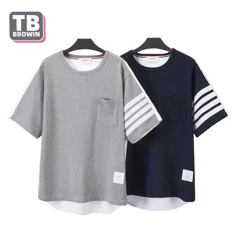 

TB BROWIN Thom Men's T-shirt Brand Round Collar Cotton Striped Four Bars Korean Version Sweat Absorption Leisure Short Sleeves