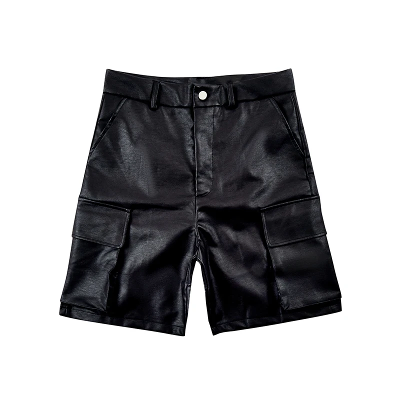 

Retro Pu Leather Pockets Summer Casual Shorts for Men and Women Straight Wide Leg Streetwear Oversized Baggy Knee Lenght Pants