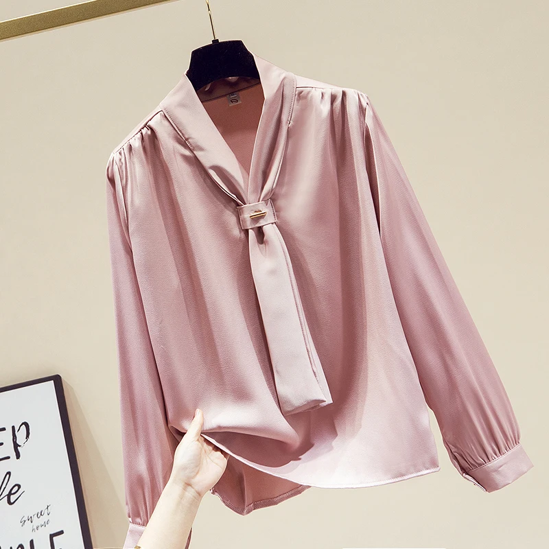 

2022 Spring Shirts Cutting Withdrawal V Neck Solid Full Casual Office Lady Women Tops