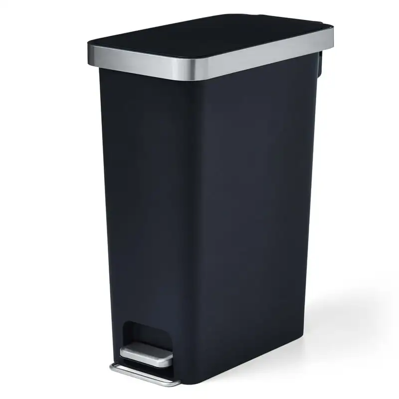 

10.5 Gallon Trash Can, Plastic Slim Step On Kitchen Trash Can, Black Garbage Bin Kitchen Bathroom Toilet Trash Can Best Automati