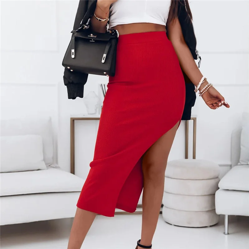 

Эластичная красная одношаговая юбка, женская летняя облегающая пикантная черная короткая юбка с высокой талией и Боковым Разрезом для девушек, юбки для ночного клуба