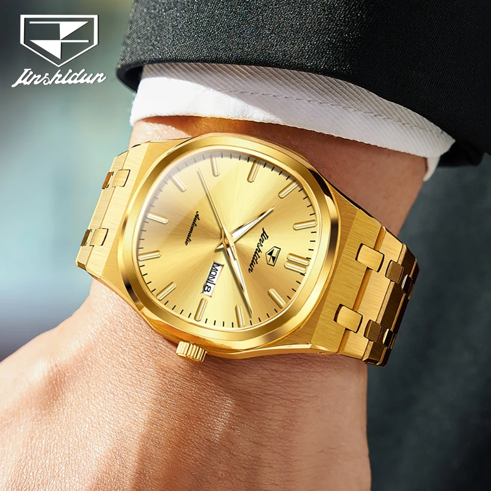 Фото Мужские часы JINSHIDUN 8966 Luxury, модные квадратные часы с металлическим браслетом, автоматический механический механизм, двойной календарь, деловые часы для мужчин. №5
