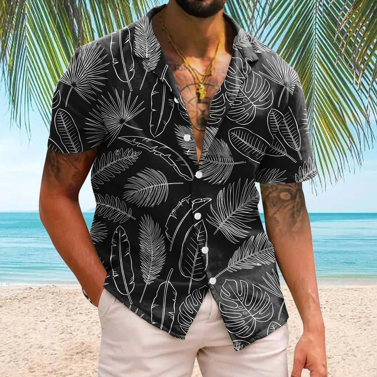 

Hawaiian Men's Shirt Beach Coconut Tree Print Short Sleeve Men's Clothes Fashion Lapel Button Top T-shirt camisa masculina Blusa