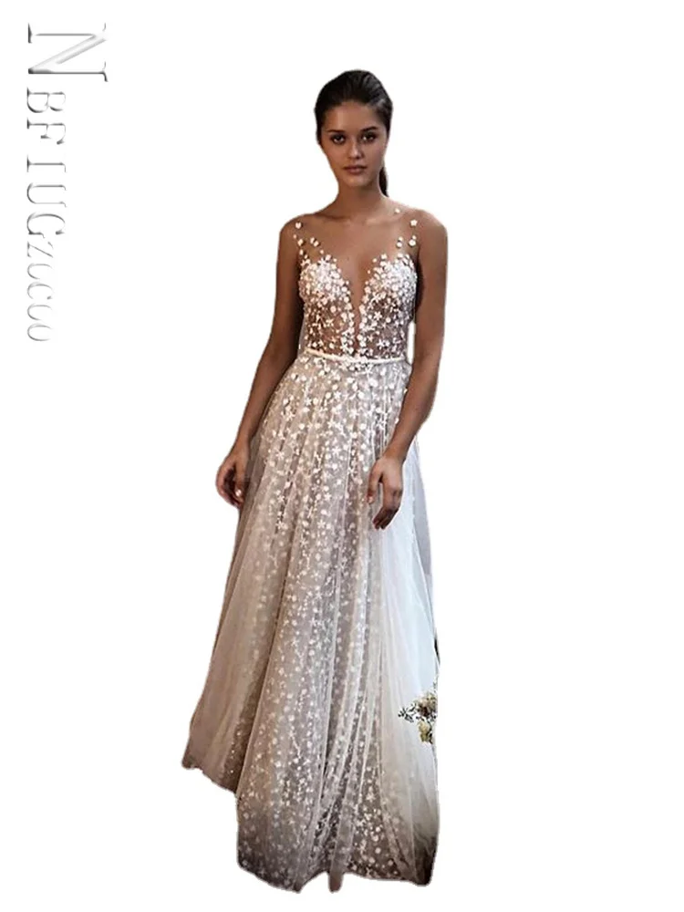 

Beach A Line Wedding Dresses Glitter Deep V Neck Backless Lace Appliques Sleeveless Bridal Gowns