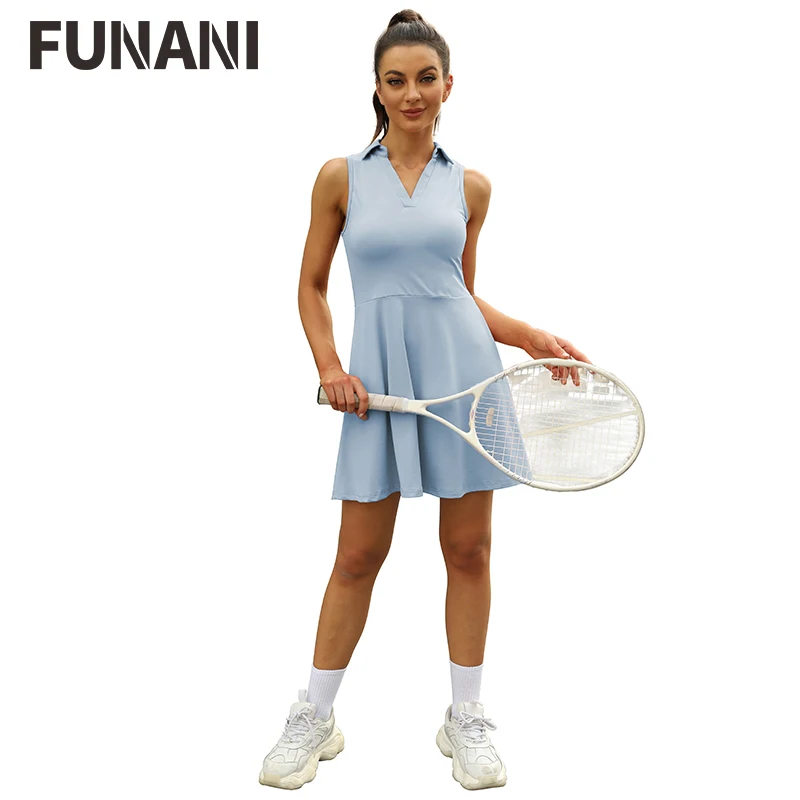 

FUNANI Women Solid Tennis Dress with Shorts Female Turn-down Collar Badmintan Golf Tennis Dresses Suit for Gym Vestidos De Mujer