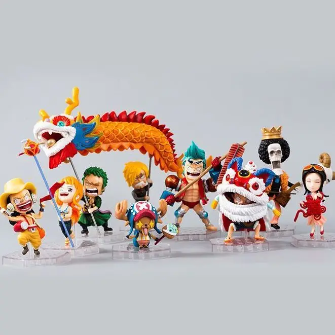 

10pcs/set Anime One Piece Chinese New Year Luffy Zoro BROOK lion Dragon dance Custome festive Action Figure Model fans Toys gift
