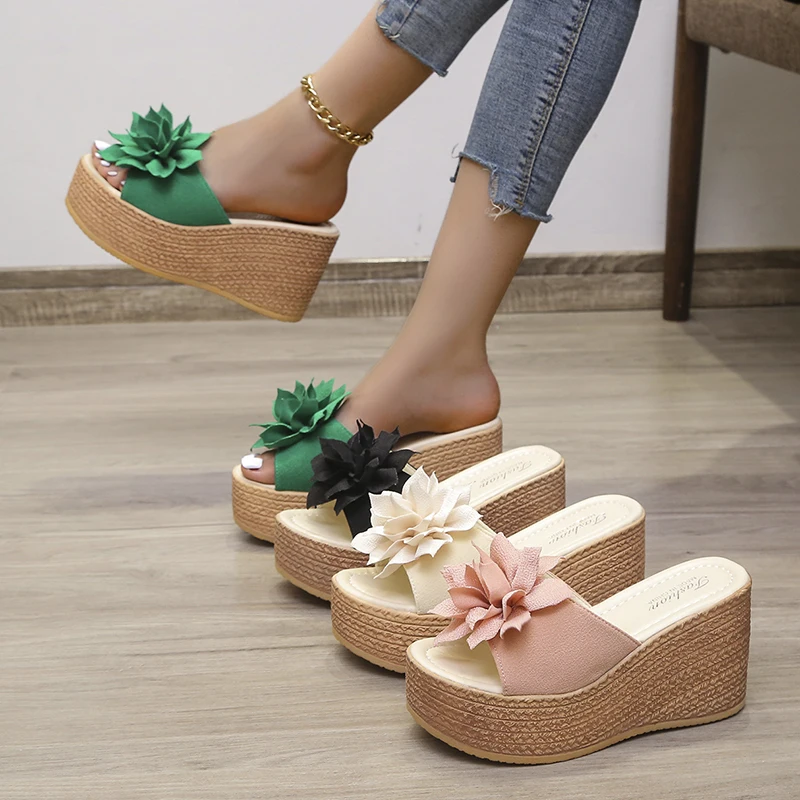 9cm Heels Summer Beach Platform Women Wedge Slippers Appliques Butterfly-knot Female Sandals Clog Shoes Slides Women Flip Flops