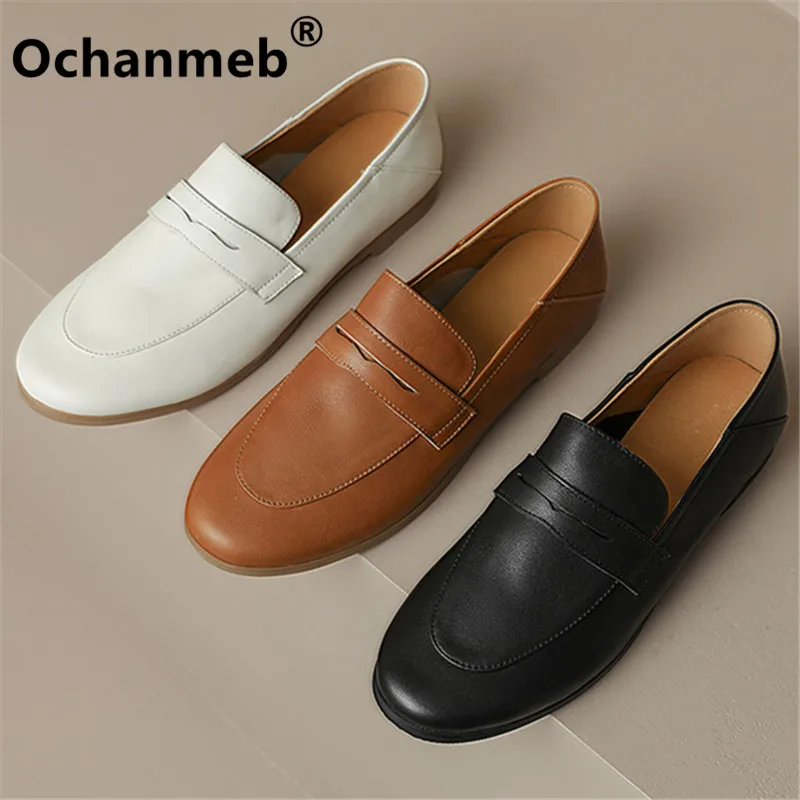 

Ochanmeb Soft Real Leather Penny Loafers Women Round Toe Flat Casual Shoes Beige Brown 2023 Spring Leisure Slip-ons Flats Ladies