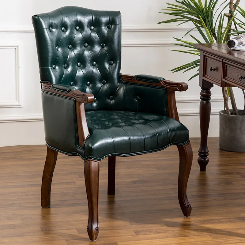 Solid Wood Retro Old European Style Desk Chair Single Dining Chair Computer Arm Pull Button Tiger Chair