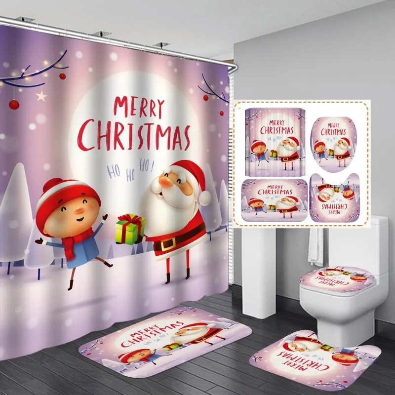 

Рождественская занавеска для душа в ванную комнату, набор из 4 шт., водонепроницаемая занавеска для душа с рисунком снеговика, Санта-Клауса, коврик для унитаза, нескользящий коврик
