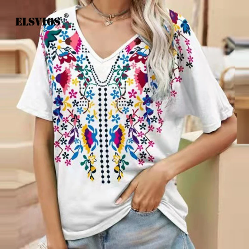 

Summer Women Top Clothing Printed U-Neck Short Sleeve Casual Retro T-Shirt Elegant Lady Fashion Straight Pullover Streetwear Tee