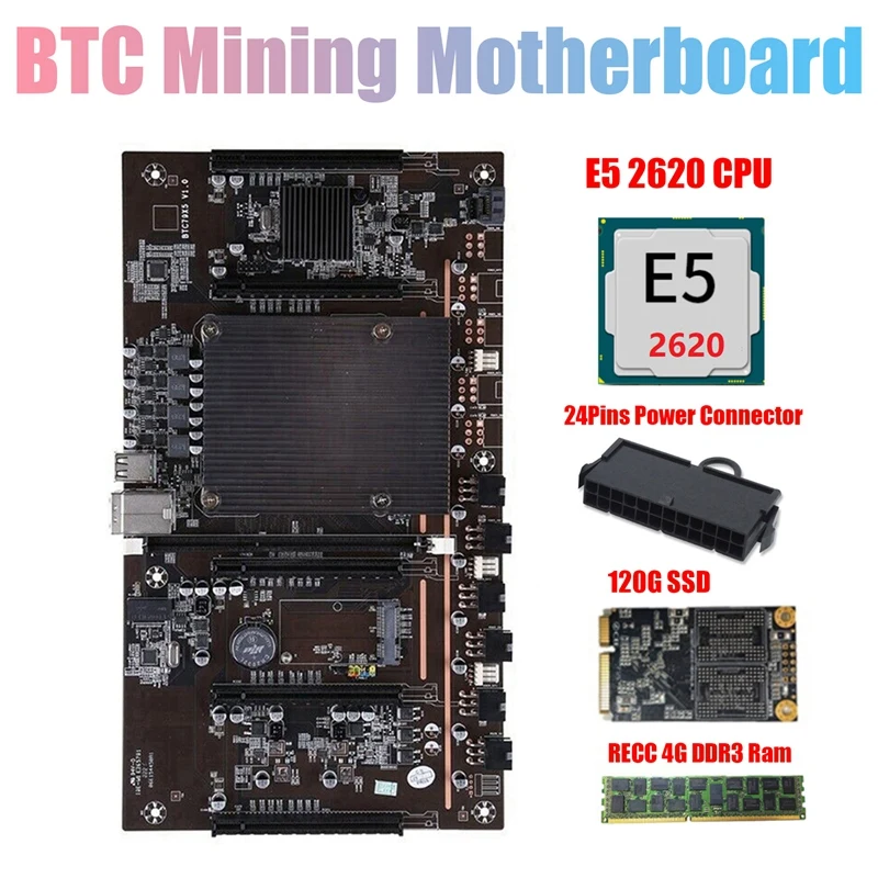 

H61 X79 BTC Miner Motherboard with E5 2620 CPU+RECC 4G DDR3 Ram+120G SSD+24Pins Connector Support 3060 3070 3080 GPU