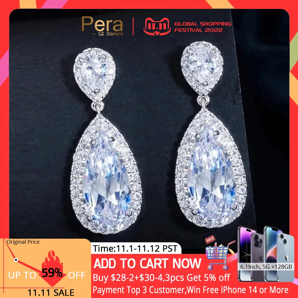 

Pera Classic Big Water Drop AAA+ Cubic Zirconia Silver Color Luxury Wedding Bridal Long Dangle Earrings Jewelry for Brides E633