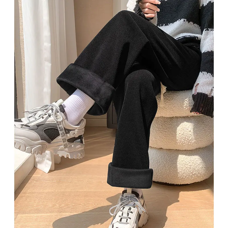 Fleece Wide-Leg Pants Women Spring Autumn Winter 2022 New Loose Casual Chenille Mopping Straight Thickening Trousers Women