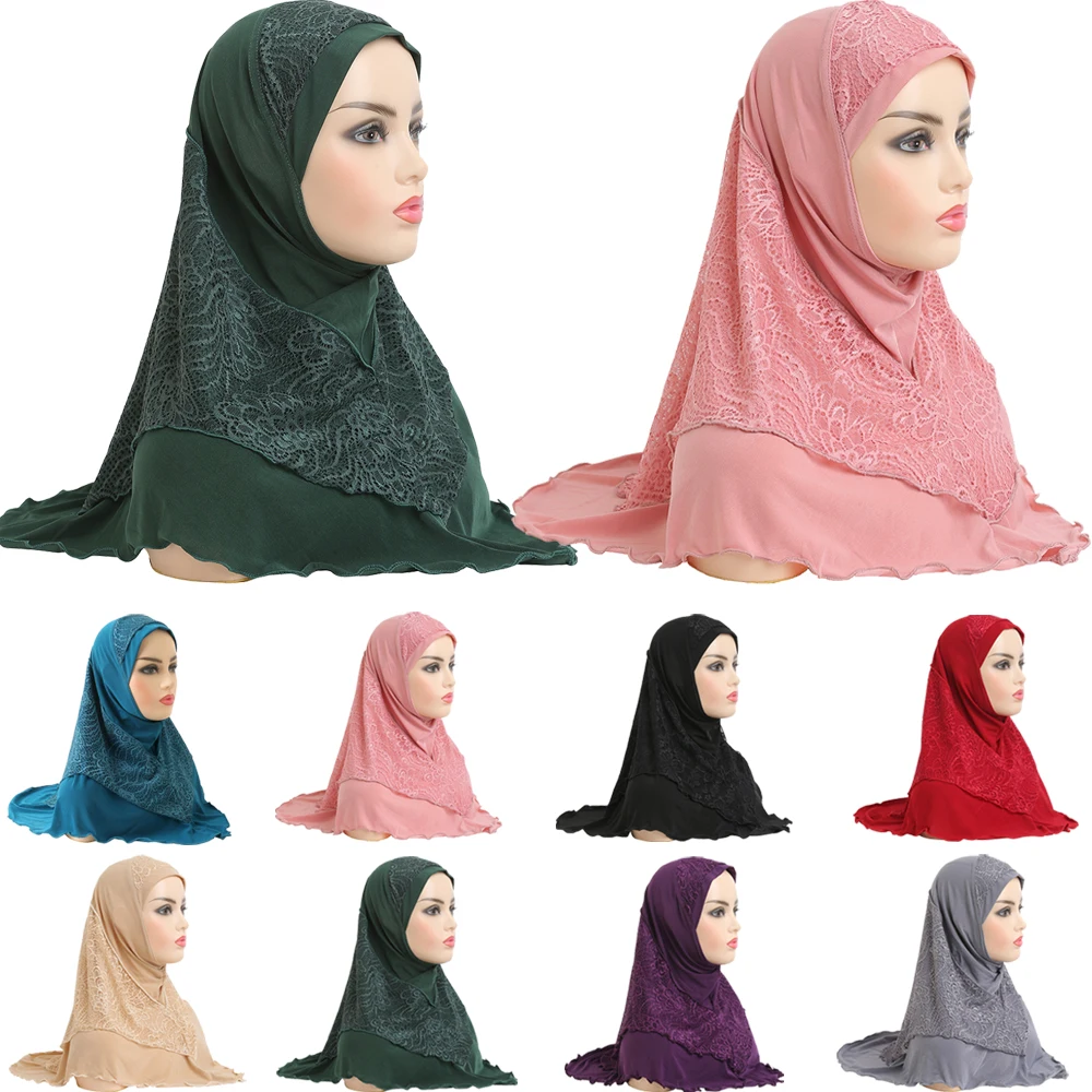 

Malaysia Muslim Women Hijab Lace One Piece Amira Instant Scarf Islamic Prayer Full Cover Shawls Ramadan Caps Turban Wrap 70*60cm