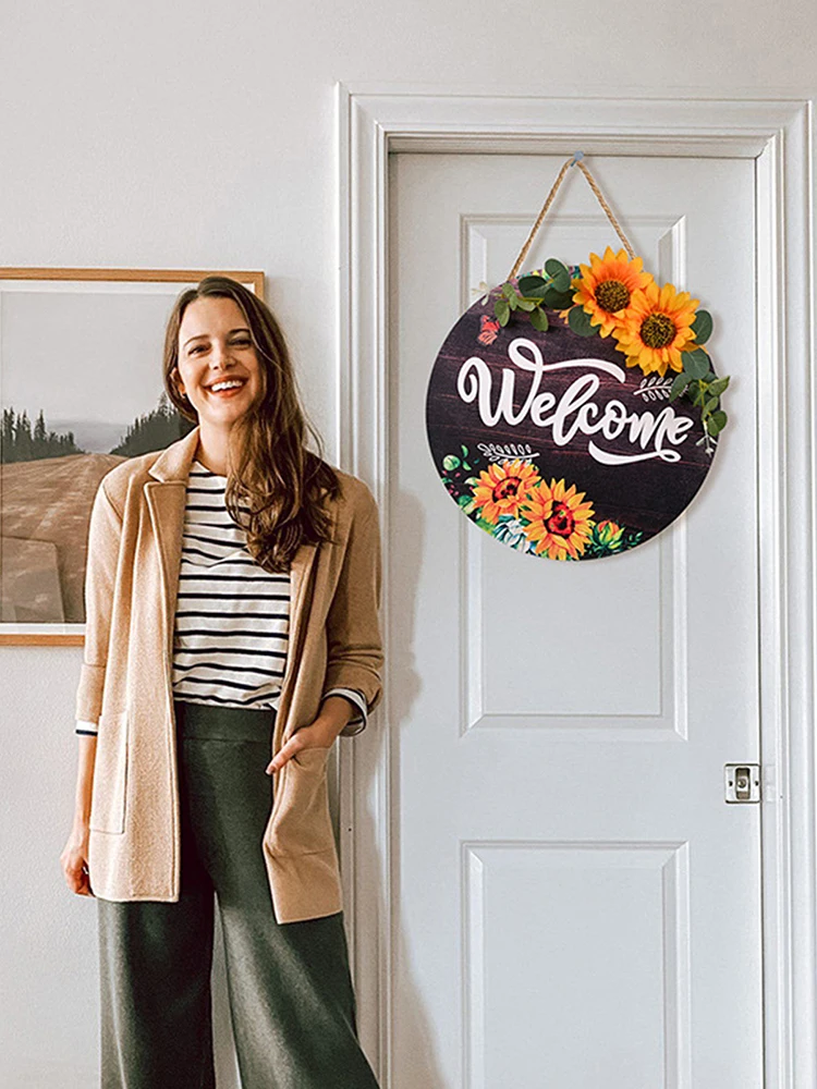 

Добро пожаловать Suower, деревянная планшетофон, деревенская Круглая дверь, украшение для всех сезонов, домашняя настенная входная дверь, кухн...