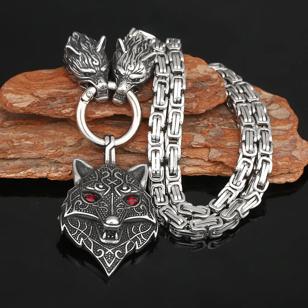 

Red Eyes Wolf Head Norse Viking Amulet Thor Hammer Pendant Necklaces Stainless Steel Jewelry King Chain